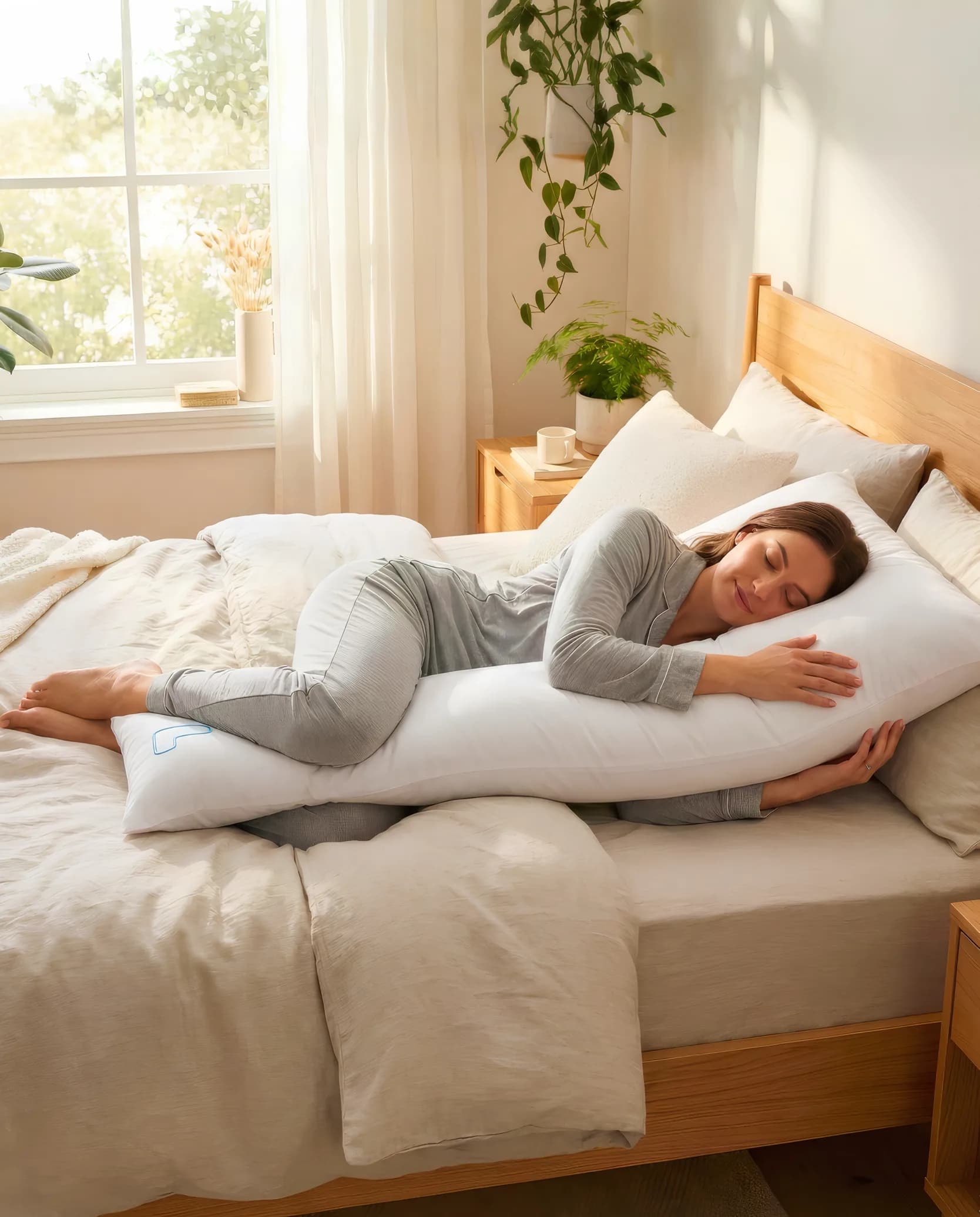 Woman sleeping peacefully with snuggL pillow in place