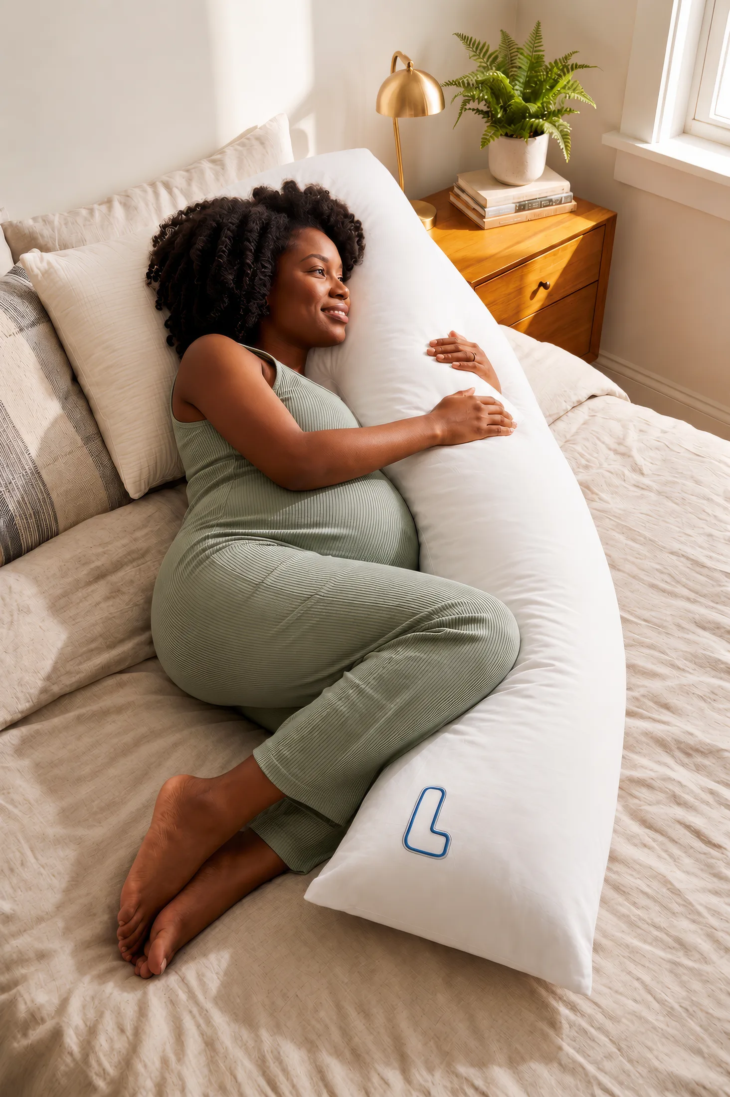 Pregnant woman sleeping comfortably with snuggL pillow